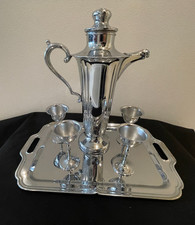 Super Tall Art Deco Chrome Cocktail Shaker, Tray, 4 cups, 30's-40's picture
