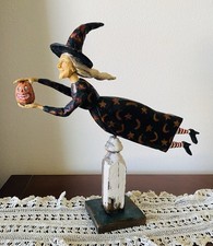 VTG Hand Painted Halloween Witch Figurine on Stand Moons Stars w/ Jack-O-Lantern picture