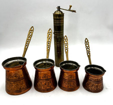 Vintage Turkish Copper Coffee Pots Set of 4 w/ Brass Hand Grinder Cezve Ibrik picture