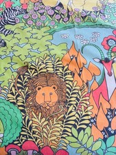 VTG 70'S MOD POP UTICA GREEN FLORAL BOTANICAL JUNGLE LION ANIMAL*FULL FLAT SHEET picture