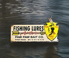 Vintage Paw Paw Bait Porcelain Sign Fishing Lures Bass Michigan USA 11 1/2