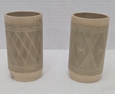 Two Vintage Jamaican Hand Carved Bamboo Tiki Craft Cups Or Vases 4 Inches picture