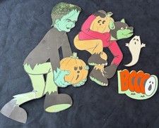 Rare Lot Vintage Halloween Frankenstein Pumpkin Wolf Flocked Die Cut Decoration picture