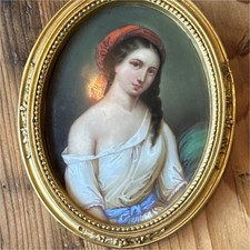 Antique 19th C Oval Portrait Miniature Young Woman Red Scarf Gilt Frame Painting picture