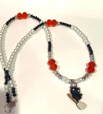 Adorable Halloween Black Cat KItty Flying On Broom Necklace Y30 picture