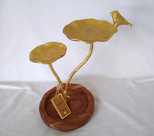Bird on Lily Pads Wood Stand India Artisan Jewelry Trinket Holder Metallic Gold picture