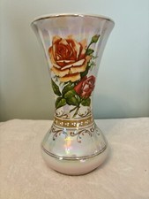 VTG Porcelana Santa Rosa Lusterware 10 Inch Vase With Roses.  Made In Brazil. picture
