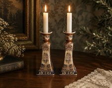 Vintage Pair Asian Imari Style Porcelain Candlesticks Blue Gold Floral 9” Tall picture