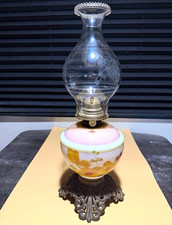 Antique White Flame Grand Rapids MI GWTW Oil Lamp Hand Painted Poppy Glass Base picture