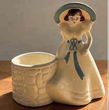 Vintage 1963 Ceramic Lady Planter Figurine Wide Brim Hat Turquoise MCM 5.6” picture