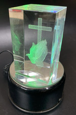 Religious Glass Paperweight Lighted base Praying Hands Cross CHANGING COLORS picture