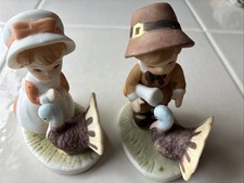 Vintage Lefton 03713 Porcelain Boy & Girl w/ Turkey Thanksgiving Figurines NOS picture