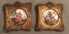 Pair Of Antique Porcelain plaques with courting scenes in gilt Wood frame picture