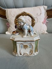 Antique Conta & Boehme German Porcelain Fairing Trinket Box Child & Mirror 3506 picture