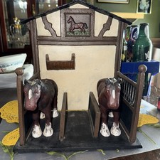 Vintage Cast Iron Horse Stable Barn Mail Holder w/ 2 Horses Heavy 11” Country picture
