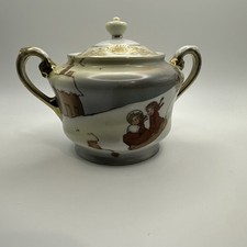 VTG Royal Bayreuth Porcelain Covered Sugar Bowl with Lid Children Sledding Motif picture