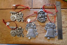 5 Pewter Metal Christmas Ornaments Santa, Steam Engines & Bells picture