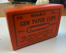 Vintage Monarch Gem Paper Clips No. 1 Box, VTG, 1930s- Great Condition-Mint picture
