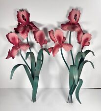 Set of 2 Vintage Toleware Painted Pink Iris Metal Flower Wall Decor 18 in. picture