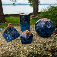 Handmade orgone energy resin 4pc set blue copper pyramid sphere cylinder art picture