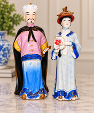 Chinese Porcelain Figurines Man Woman Couple Chinoiserie Asian Decor Gold Pair picture