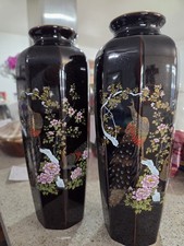 Vintage  Yamaji Peacock Cherry blossom Japan Black Porcelain Octagonal Vases picture