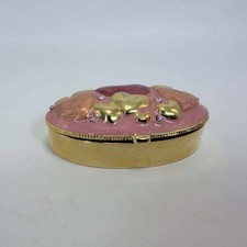 Vintage Pink Enamel Heart Trinket Box Gold Tone Rhinestone Hinged Pill Case picture
