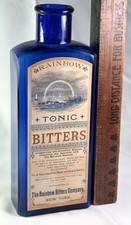 VTG RAINBOW TONIC BITTERS COMPANY PAPER LABEL ON COBALT MEDICINE 1880S BOTTLE US picture