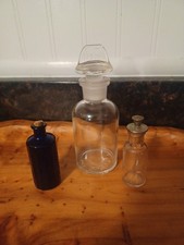3 Vtg Apothecary Bottles Set: Cobalt Bitters, Pyrex Lab Glass, Absorbine Jr Cap picture