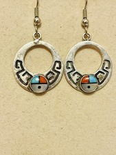 VTG NATIVE AMERICAN ZUNI Sterling Silver SunFace Earrings Turquoise Coral MOP picture