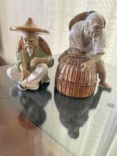 TWO Oriental Mud Fisherman Figurine Chinese Man Fishing 5.5