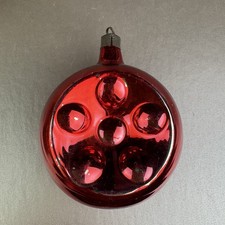Vintage Prewar Premier Double Indent Embossed Flower Glass Xmas Ornament 3” Red picture