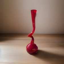 Vintage Makora Krosno Poland Wine Red Gooseneck Swing Bud Vase picture