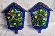 TWO 1960s MCM Cobalt Blue New Designs Lucite Flower Birdhouse Plaques Acrylic picture
