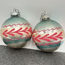 2 Vtg Shiny Brite Striped Hand Painted Red Leaf Sprays Christmas Ornaments Teal picture