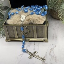 Pearly Blue Plastic Beaded Rosary 31” Catholic Christianity picture