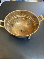 EUC-Vintage Claw Footed Small 6” Copper Colander Strainer w Brass Feet & Handles picture