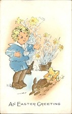 Easter Child with Bunny Cart Animals Whitney c1900s-10s Vintage Postcard picture