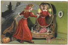 1912 Antique Tuck's Halloween Postcard Black Magic Mirror Cat Witch Broom Posted picture