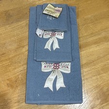 Vtg 3 Pc Cannon Blue Ribbon Floral Embroidered Bathroom Towel Set Bath/Hand/Wash picture