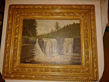 Antique Victorian Gold Wood & Gesso Frame w/ Oil on Canvas Waterfall Painting picture