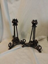 VTG PAIR  WROUGHT IRON SCULPTURED ROSE IS TRIANGULAR CANDLE HOLDERS 8.5-IN TALL picture