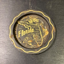 Vintage Florida State Map Souvenir Tin Tray Black Gold Scalloped Metal Coaster picture