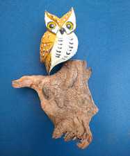 Vintage Hand Painted Carved Wood Owl Sculpture on Natural Driftwood Base picture