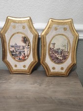 2 Vintage Italian Florentine wood wall Plaques Gold Gilt MCM Roman scenery picture