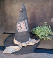Handmade Grungy Halloween Stuffed Witch Hat Rusty Bell - Shelf Sitter Primitive picture