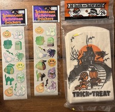Vtg 70s Gay Gem Halloween Trick OrTreat Bags Sealed & 80s90s Iridescent Stickers picture