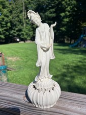 vintage mid century white glazed porcelain oriental lady lotus flower frog 11