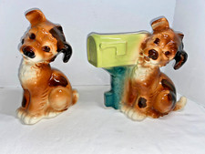 (2) VINTAGE 1950's ROYAL COPLEY POTTERY ADORABLE PUPPY DOG MAILBOX PLANTER + FIG picture