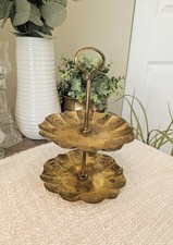 Vintage Farber Bros 2-Tier Brass Serving Stand Ornate Floral Engraved Scalloped picture